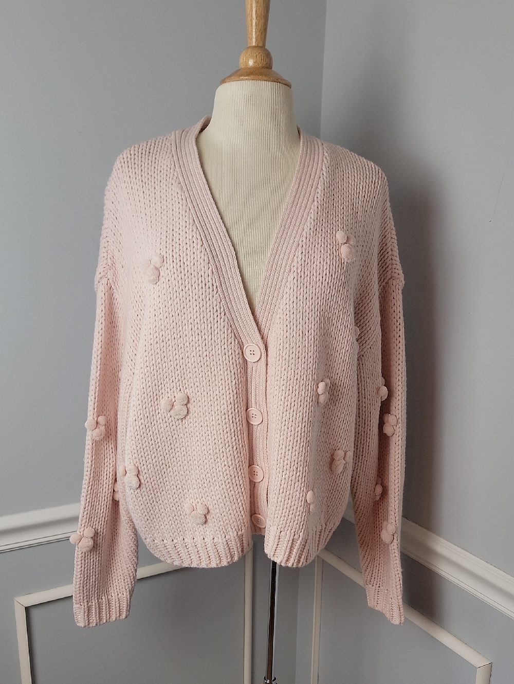 DISNEY Pink Metallic Gold Thread Mickey Minnie Pom Pom V-Neck Cardigan Sweater L
